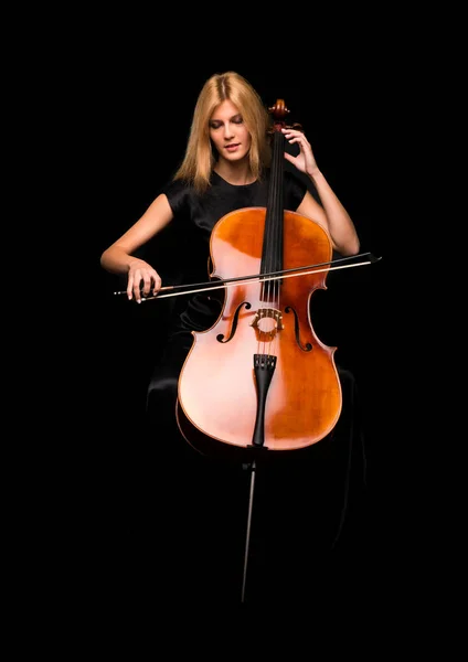 Young Girl Playing Cello Isolated Black Background — Stock Photo, Image