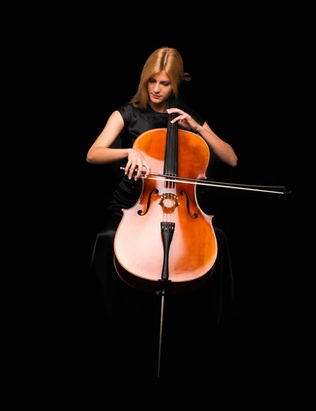 Jeune Fille Jouant Violoncelle Sur Fond Noir Isolé — Photo