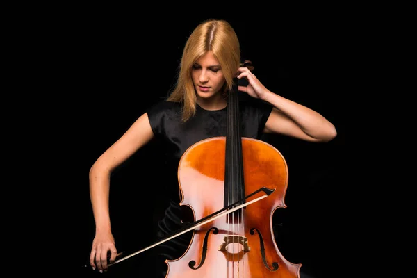 Jong Meisje Spelen Van Cello Geïsoleerde Zwarte Achtergrond — Stockfoto