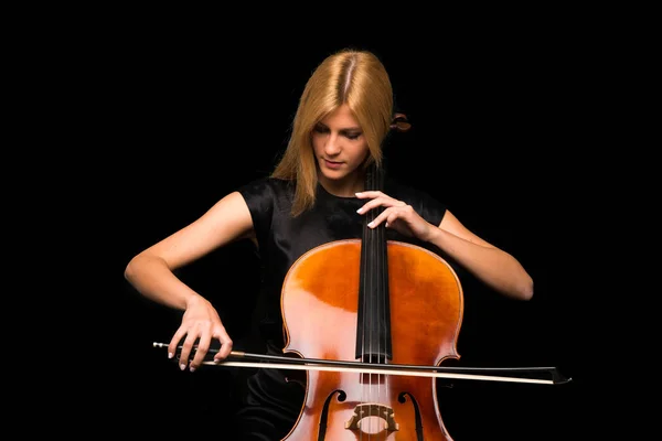 Junges Mädchen Spielt Cello Auf Isoliertem Schwarzen Hintergrund — Stockfoto