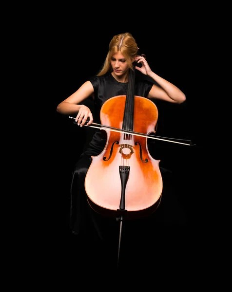 Jong Meisje Spelen Van Cello Geïsoleerde Zwarte Achtergrond — Stockfoto