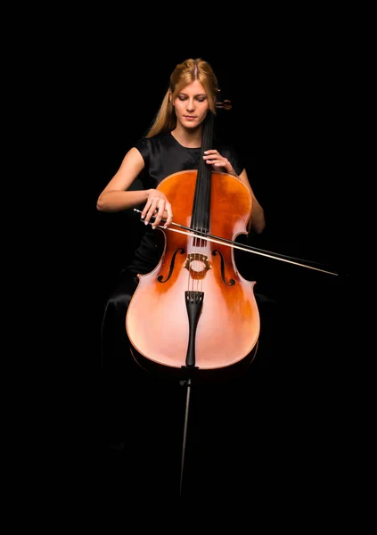 Giovane Ragazza Che Suona Violoncello Sfondo Nero Isolato — Foto Stock