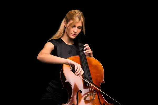 Junges Mädchen Spielt Cello Auf Isoliertem Schwarzen Hintergrund — Stockfoto