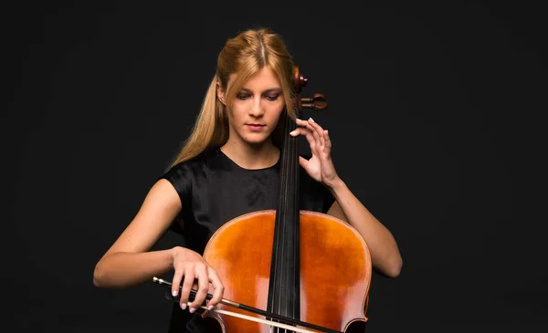 Young Girl Playing Cello Isolated Black Background — Stock Photo, Image