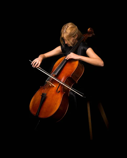 Junges Mädchen Spielt Cello Auf Isoliertem Schwarzen Hintergrund — Stockfoto