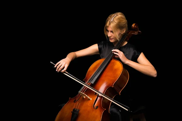 Jong Meisje Spelen Van Cello Geïsoleerde Zwarte Achtergrond — Stockfoto
