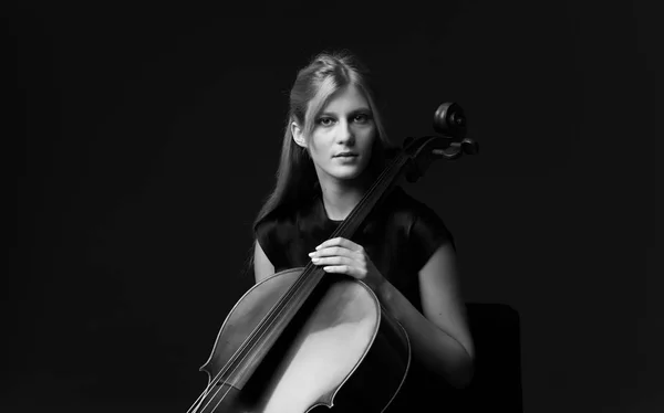 Young Girl Playing Cello Isolated Black Background — Stock Photo, Image