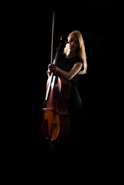 Jong Meisje Spelen Van Cello Geïsoleerde Zwarte Achtergrond — Stockfoto