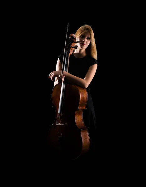 Jong Meisje Spelen Van Cello Geïsoleerde Zwarte Achtergrond — Stockfoto