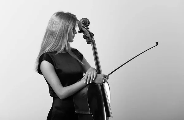 Young Blonde Girl Her Cello Posing White Wall — Stock Photo, Image