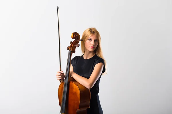 Giovane Ragazza Bionda Con Suo Violoncello Posa Parete Bianca — Foto Stock