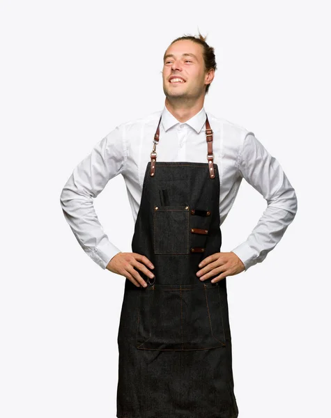 Barber Man Apron Posing Arms Hip Laughing Isolated Background — Stock Photo, Image