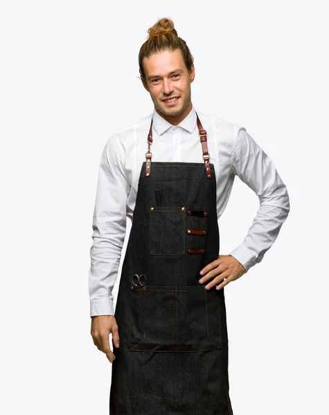 Barber Man Apron Posing Arms Hip Smiling Isolated Background — Stock Photo, Image