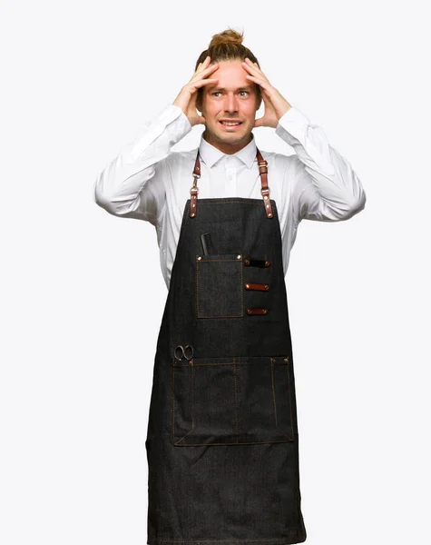 Barber Man Apron Takes Hands Head Because Has Migraine Isolated — Stock Photo, Image