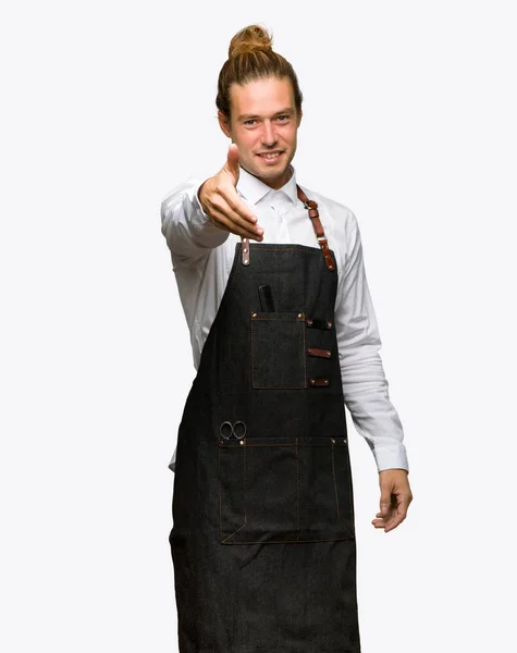 Barber Man Apron Shaking Hands Closing Good Deal Isolated Background — Stock Photo, Image
