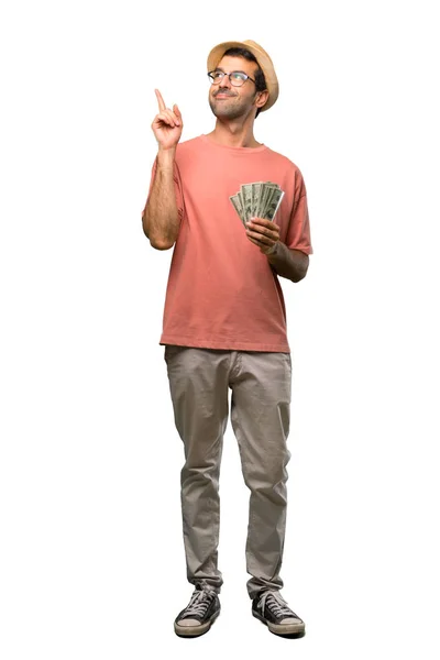 Man Holding Many Bills Pointing Great Idea Looking Isolated White — Stock Photo, Image