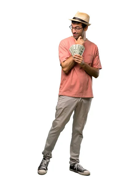 Mann Mit Vielen Geldscheinen Zur Seite Blickend Mit Der Hand — Stockfoto