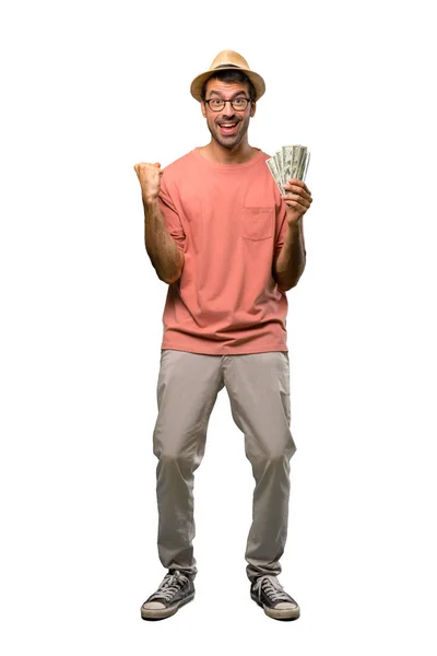 Homem Segurando Muitas Contas Celebrando Uma Vitória Sobre Fundo Branco — Fotografia de Stock