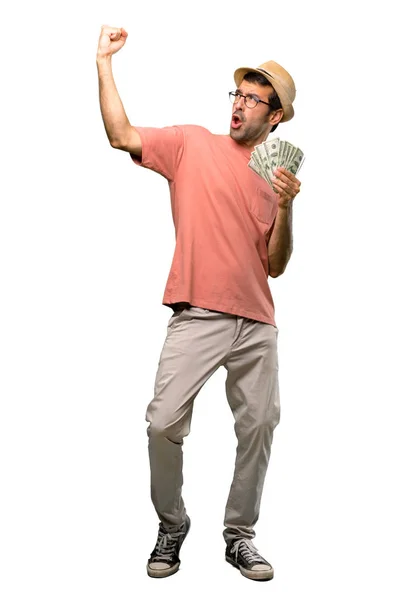 Mann Mit Vielen Geldscheinen Feiert Einen Sieg Und Überrascht Auf — Stockfoto