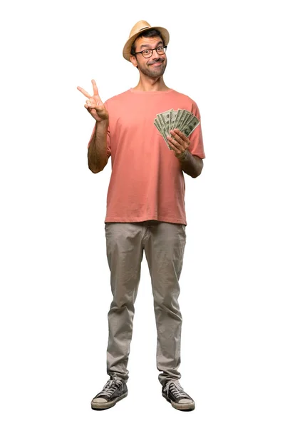 Man Holding Many Bills Smiling Showing Victory Sign Cheerful Face — Stock Photo, Image