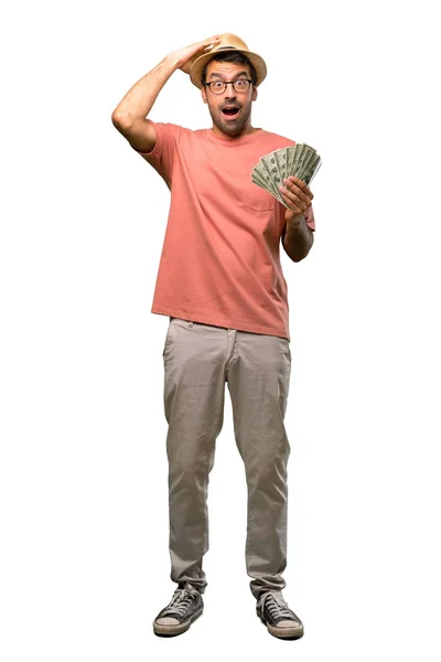 Hombre Sosteniendo Muchos Billetes Toma Las Manos Cabeza Porque Tiene —  Fotos de Stock