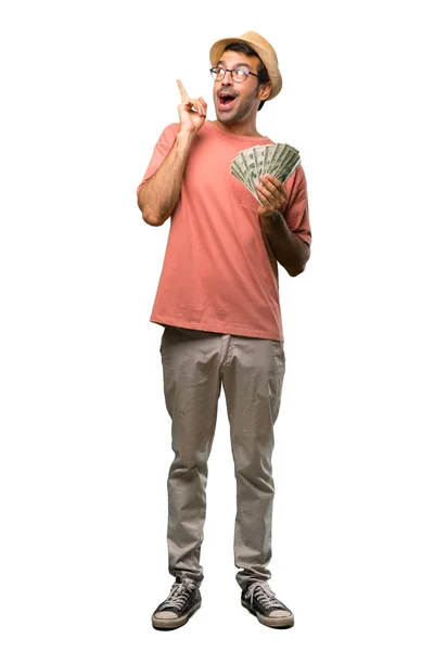 Man Holding Many Bills Intending Realizes Solution While Lifting Finger — Stock Photo, Image
