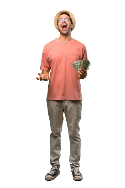 Mann Hält Viele Geldscheine Der Hand Und Schreit Mit Weit — Stockfoto
