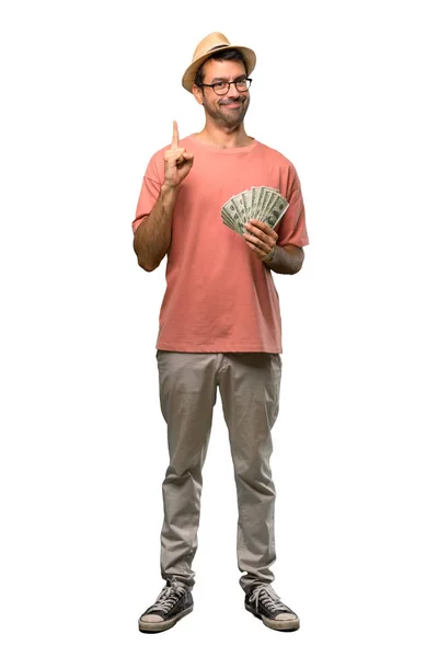 Homem Segurando Muitas Contas Mostrando Levantando Dedo Sinal Melhor Fundo — Fotografia de Stock