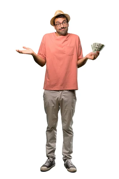 Człowiek Posiadający Wiele Rachunki Podejmowania Gest Nieistotnych Podczas Podnoszenia Ramion — Zdjęcie stockowe