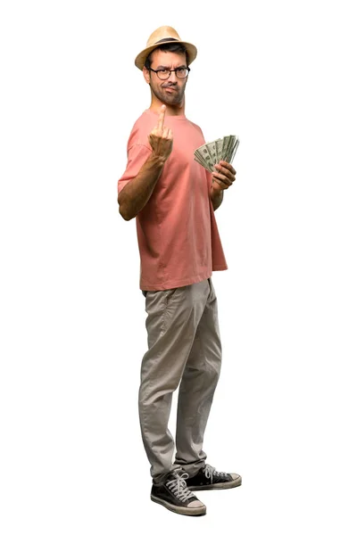 Hombre Sosteniendo Muchos Billetes Haciendo Gesto Cuerno Sobre Fondo Blanco — Foto de Stock