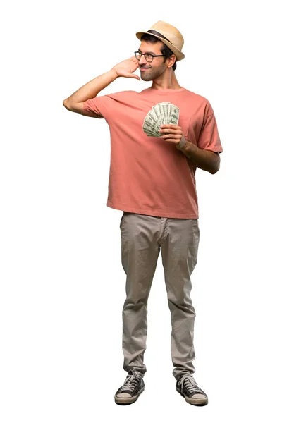 Mann Mit Vielen Geldscheinen Hört Etwas Indem Die Hand Auf — Stockfoto