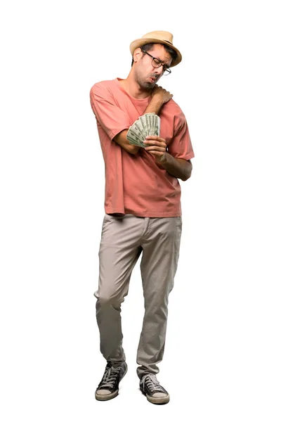 Hombre Sosteniendo Muchos Billetes Que Sufren Dolor Hombro Por Haber —  Fotos de Stock
