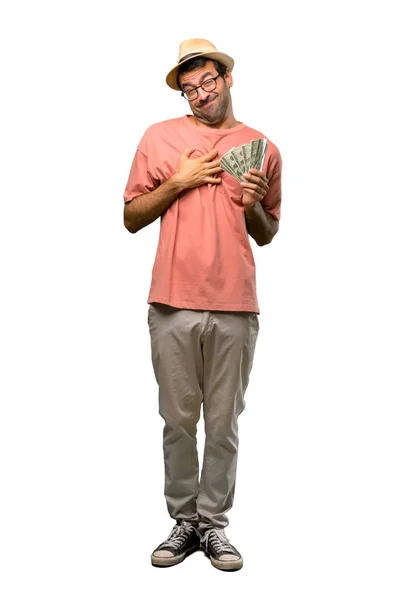 Homem Segurando Muitas Contas Tendo Uma Dor Coração Fundo Branco — Fotografia de Stock