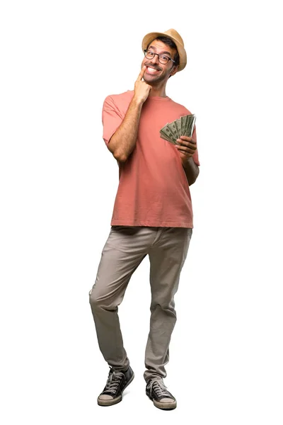 Man Holding Many Bills Smiling Happy Pleasant Expression Isolated White — Stock Photo, Image