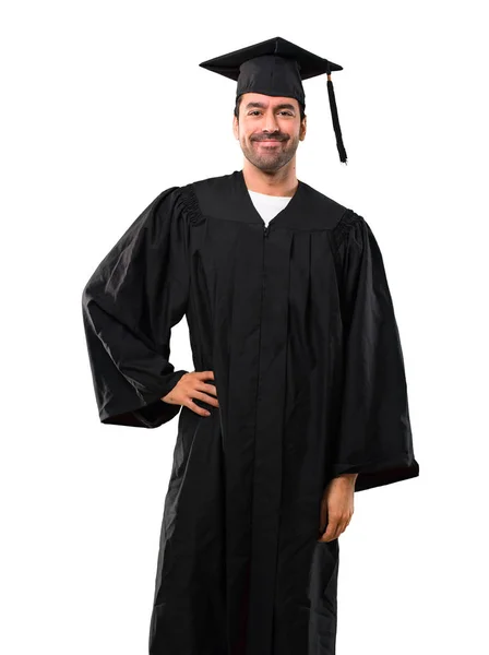 Man Zijn Graduatie Dag Universiteit Poseren Met Armen Bij Hip — Stockfoto