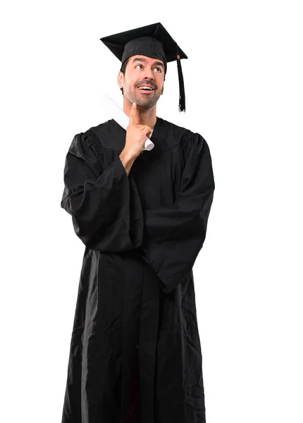 Homem Seu Dia Formatura Universidade Pensando Uma Ideia Sobre Fundo — Fotografia de Stock