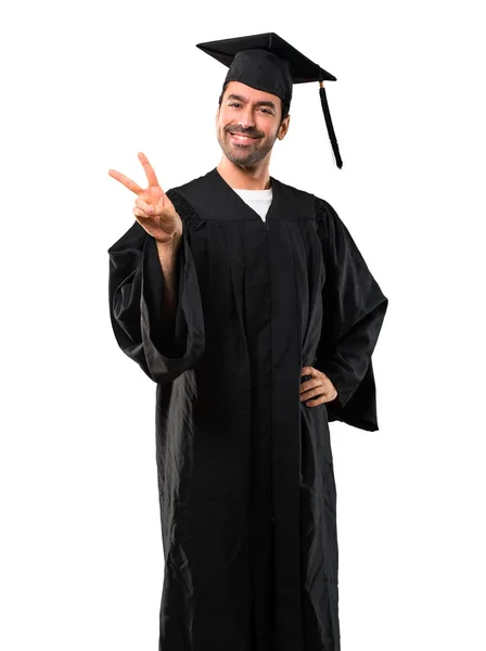 Чоловік Свій Випускний День Університет Посміхається Показує Знак Перемоги Веселим — стокове фото