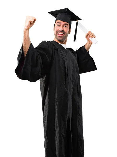 Hombre Día Graduación Universidad Celebrando Una Victoria Sorprendido Tener Éxito —  Fotos de Stock