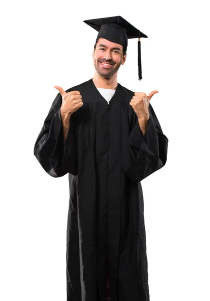Man Zijn Graduatie Dag Universiteit Geven Een Duim Omhoog Gebaar — Stockfoto