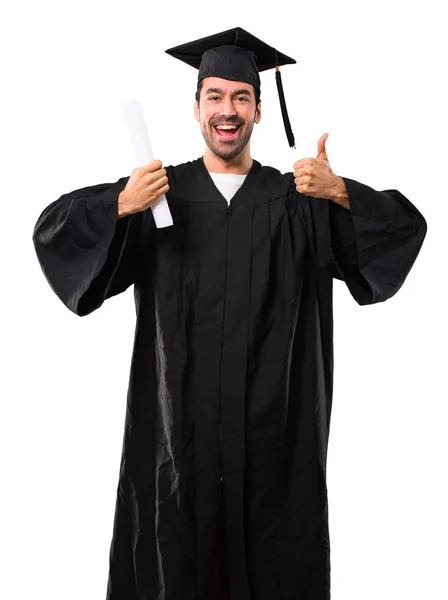 Man Zijn Graduatie Dag Universiteit Geven Een Duim Omhoog Gebaar — Stockfoto