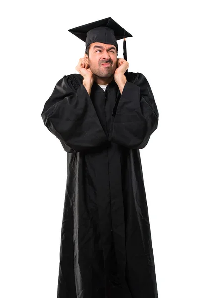 Man Zijn Graduatie Dag Universiteit Omvat Beide Oren Met Handen — Stockfoto