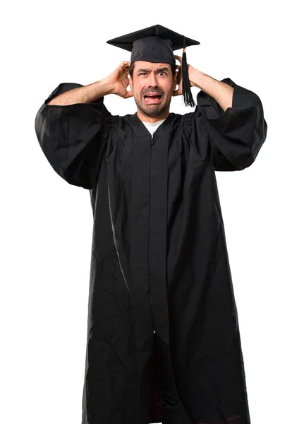 Homem Seu Dia Formatura Universidade Toma Mãos Cabeça Porque Tem — Fotografia de Stock