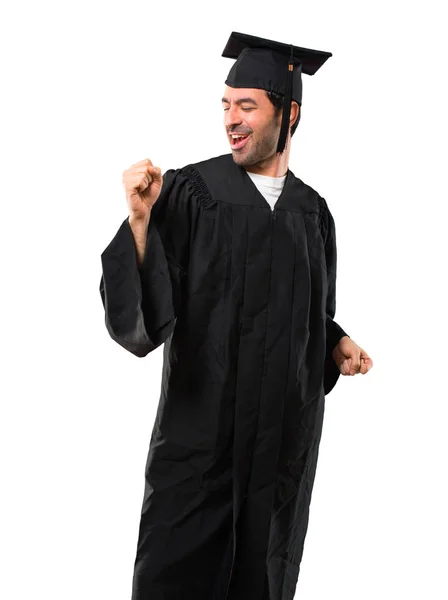 Man Zijn Graduatie Dag Universiteit Geniet Van Dansen Terwijl Luistert — Stockfoto