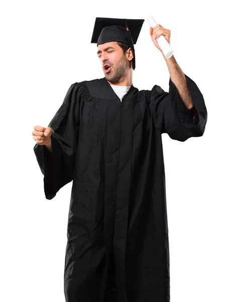 Man Zijn Graduatie Dag Universiteit Geniet Van Dansen Terwijl Luistert — Stockfoto