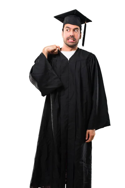 Man Zijn Graduatie Dag Universiteit Met Moe Ziek Expressie — Stockfoto