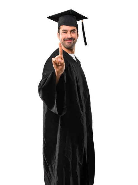 Man Zijn Graduatie Dag Universiteit Tonen Een Vinger Teken Van — Stockfoto