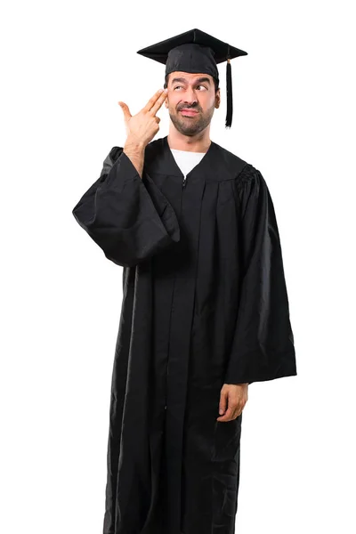 Man Zijn Graduatie Dag Universiteit Met Problemen Ongelukkige Expressie Zelfmoord — Stockfoto