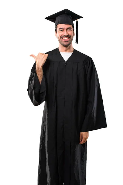 Man Zijn Graduatie Dag Universiteit Wijst Naar Kant Met Een — Stockfoto