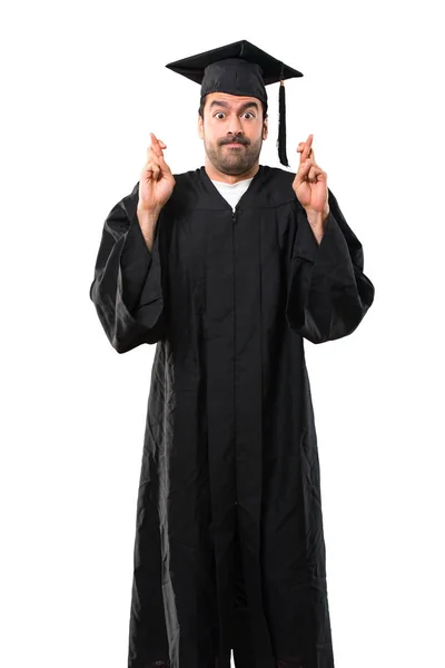 Man Zijn Graduatie Dag Universiteit Met Vingers Oversteken Wens Het — Stockfoto