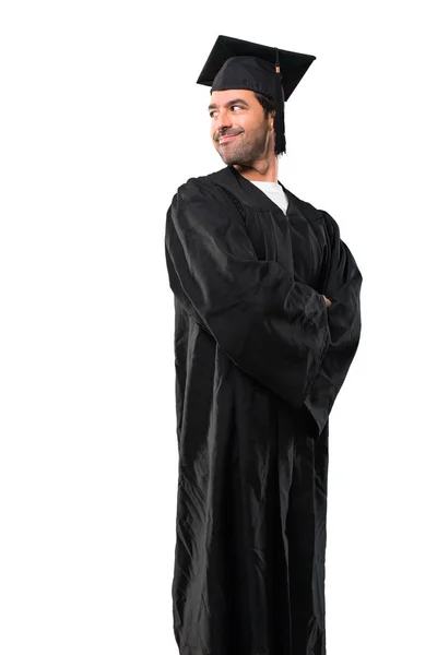 Man Zijn Graduatie Dag Universiteit Zijligging Terwijl Het Kijken Schouder — Stockfoto